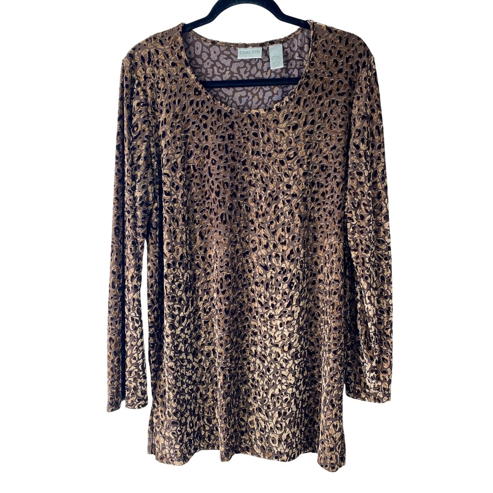 Chicos Women Leopard Velvet Burnout Tunic Top L Animal Print Long Sleeve Stretch